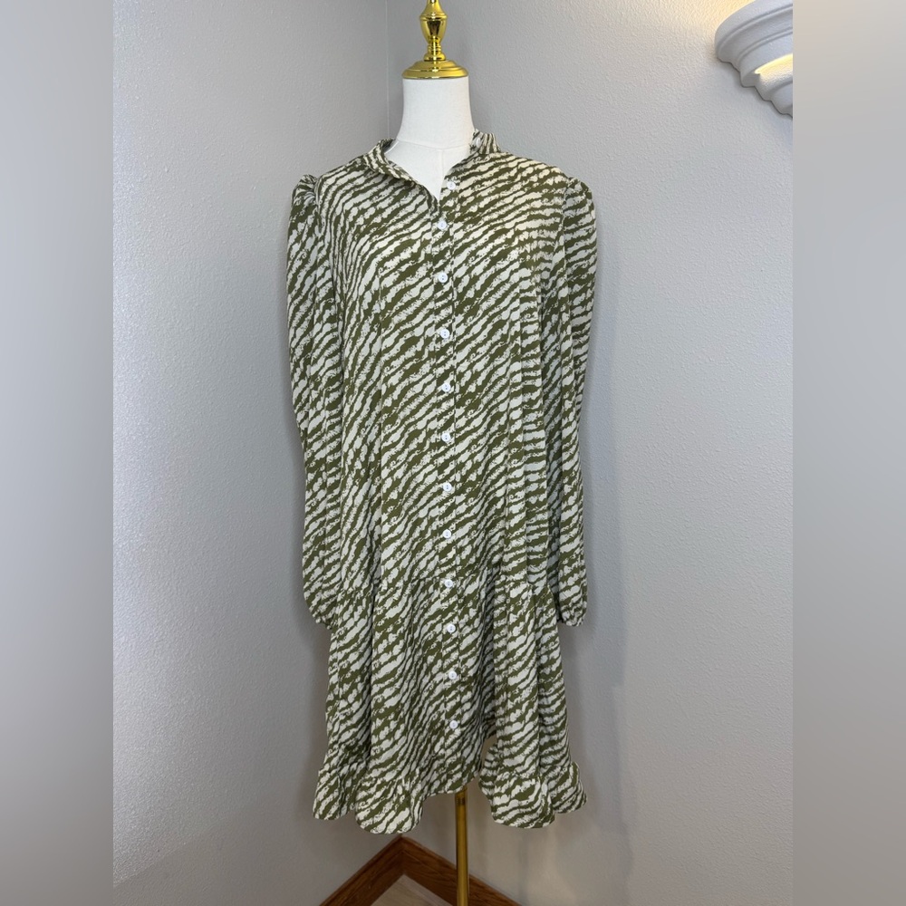 Grace Karin Olive and White Long Sleeve Button Down Dress Good Condition Large